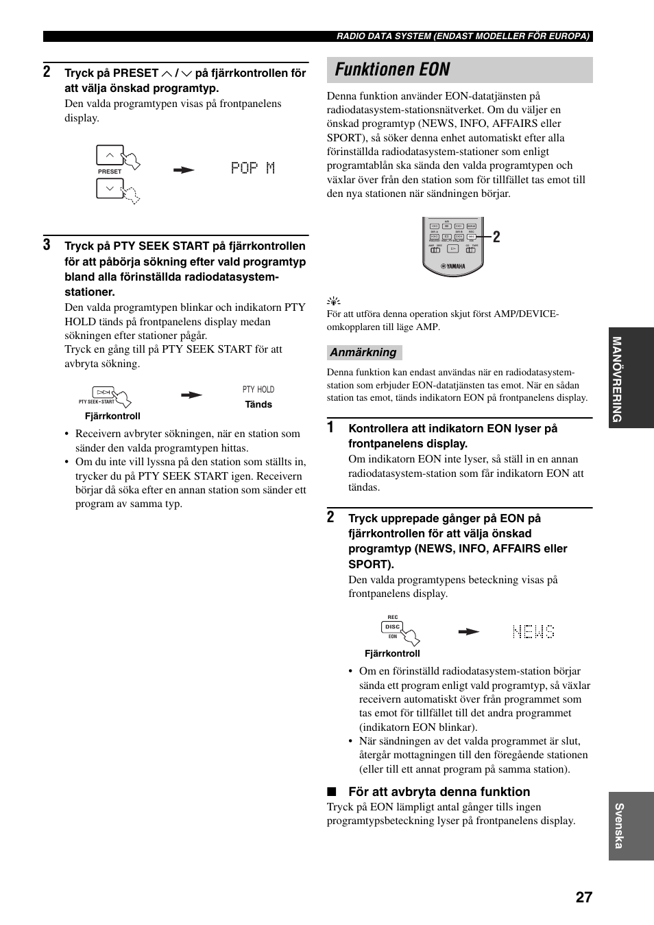 Funktionen eon, Pop m, För att avbryta denna funktion | Svenska manö vr ering, Anmärkning | Yamaha RX-397 User Manual | Page 131 / 206