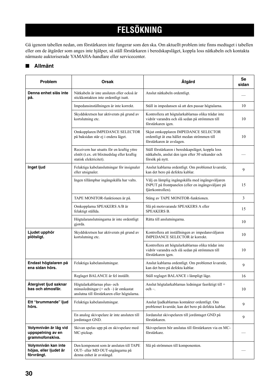 Ytterligare information, Felsökning, Allmänt | Yamaha RX-397 User Manual | Page 134 / 206