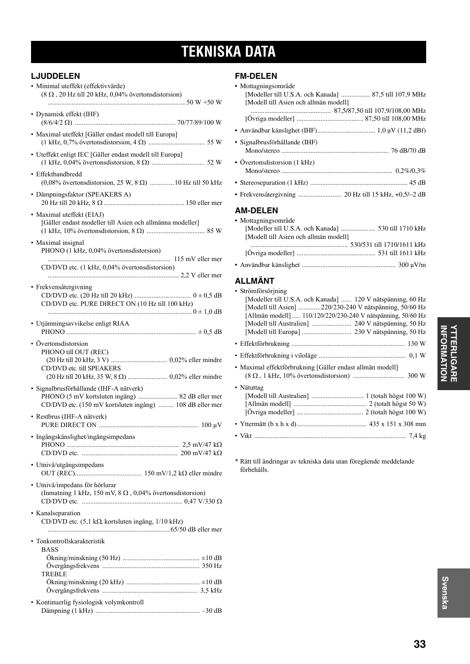 Tekniska data | Yamaha RX-397 User Manual | Page 137 / 206