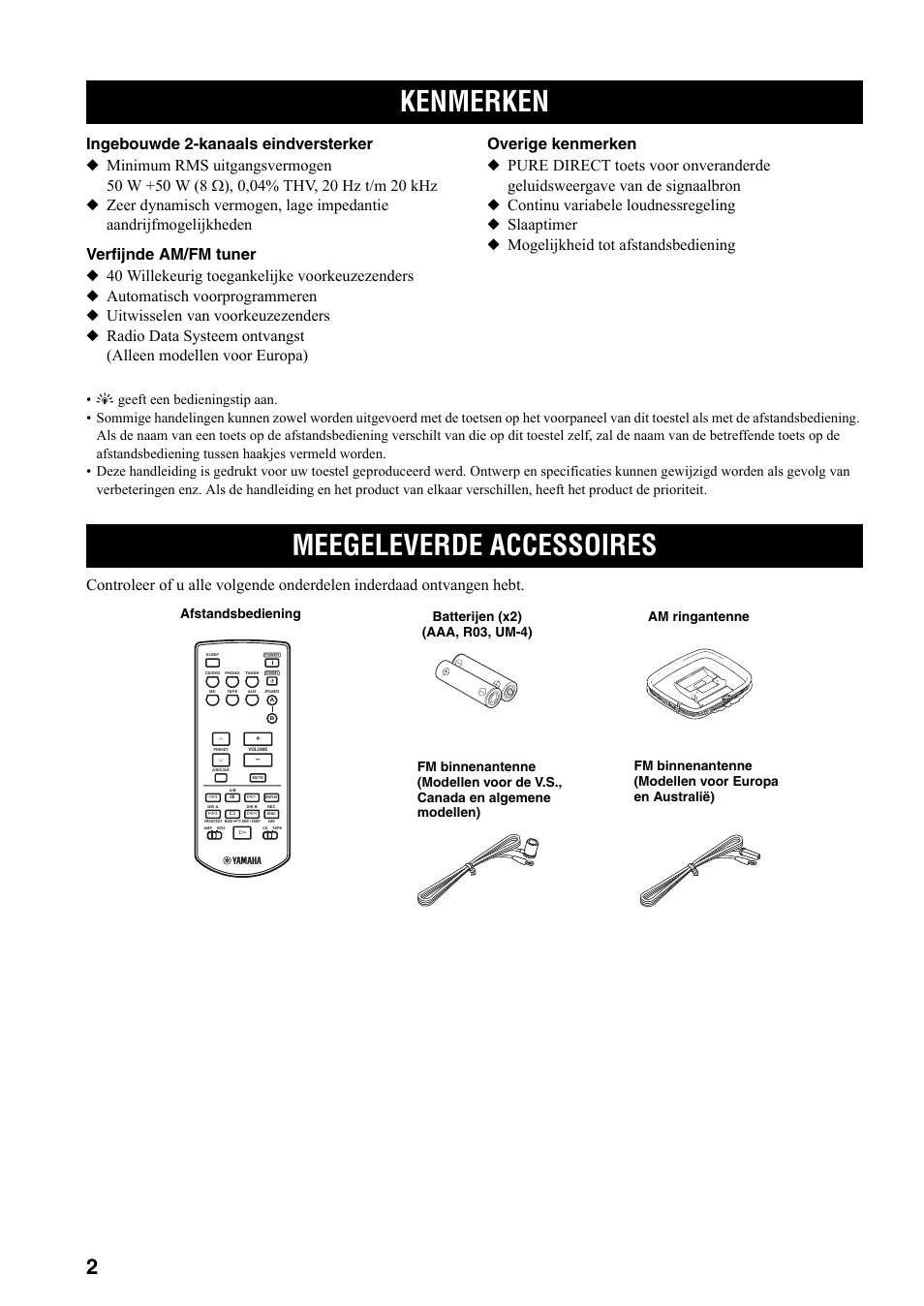 Inleiding, Kenmerken, Meegeleverde accessoires | Kenmerken meegeleverde accessoires | Yamaha RX-397 User Manual | Page 140 / 206