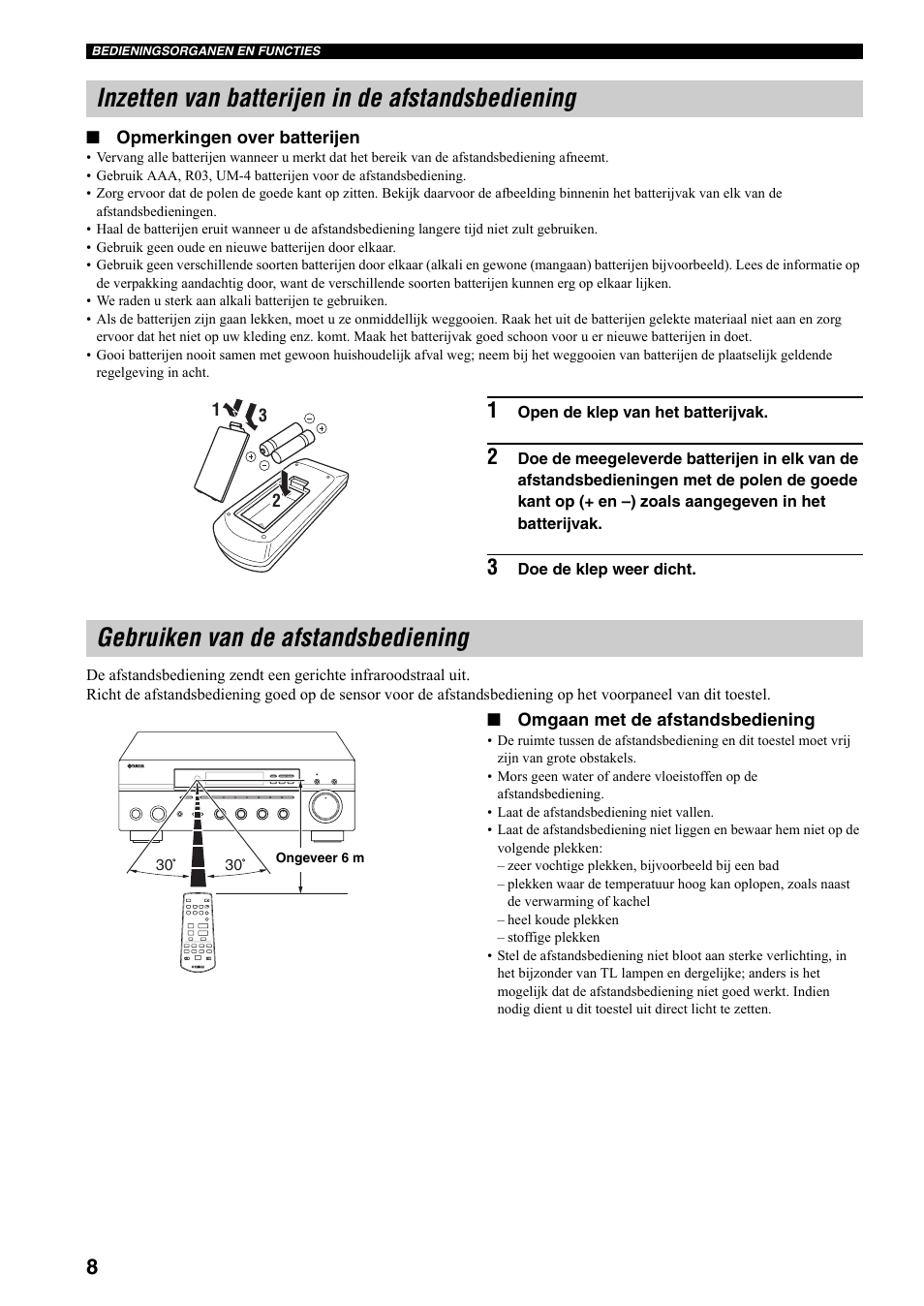 Inzetten van batterijen in de afstandsbediening, Gebruiken van de afstandsbediening | Yamaha RX-397 User Manual | Page 146 / 206