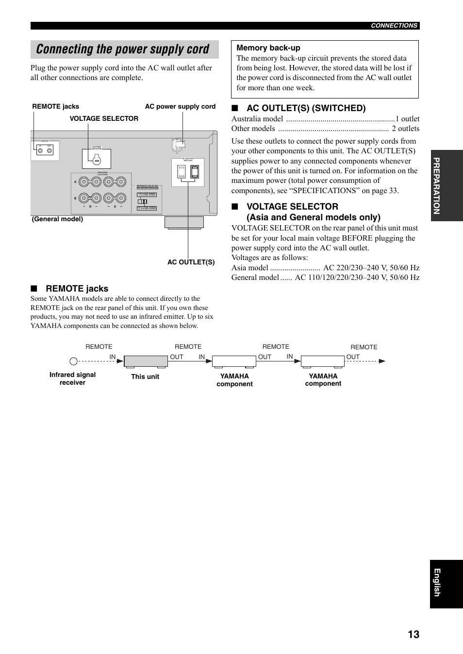 Connecting the power supply cord, Remote jacks, Ac outlet(s) (switched) | Voltage selector (asia and general models only) | Yamaha RX-397 User Manual | Page 15 / 206