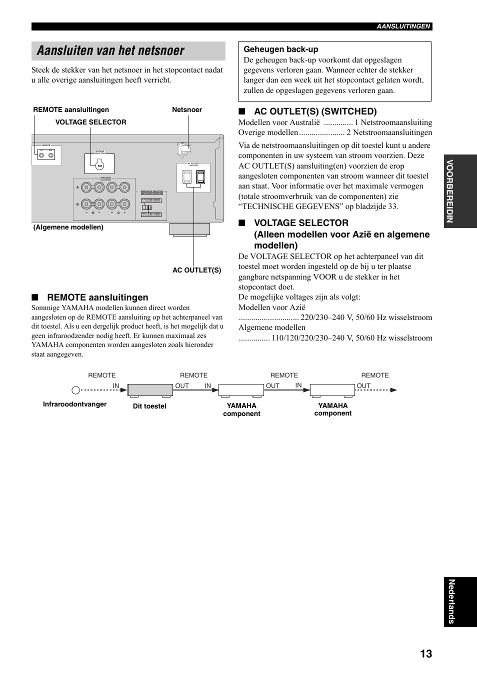 Aansluiten van het netsnoer, Zie 13 voor meer infor, Zie bladzijde 13 voor | Remote aansluitingen, Ac outlet(s) (switched) | Yamaha RX-397 User Manual | Page 151 / 206