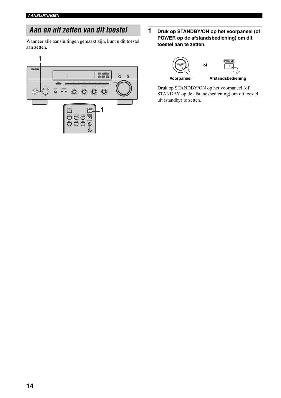 Aan en uit zetten van dit toestel, E 14, Man'l/auto fm | Auto/man'l, Voorpaneel afstandsbediening of | Yamaha RX-397 User Manual | Page 152 / 206