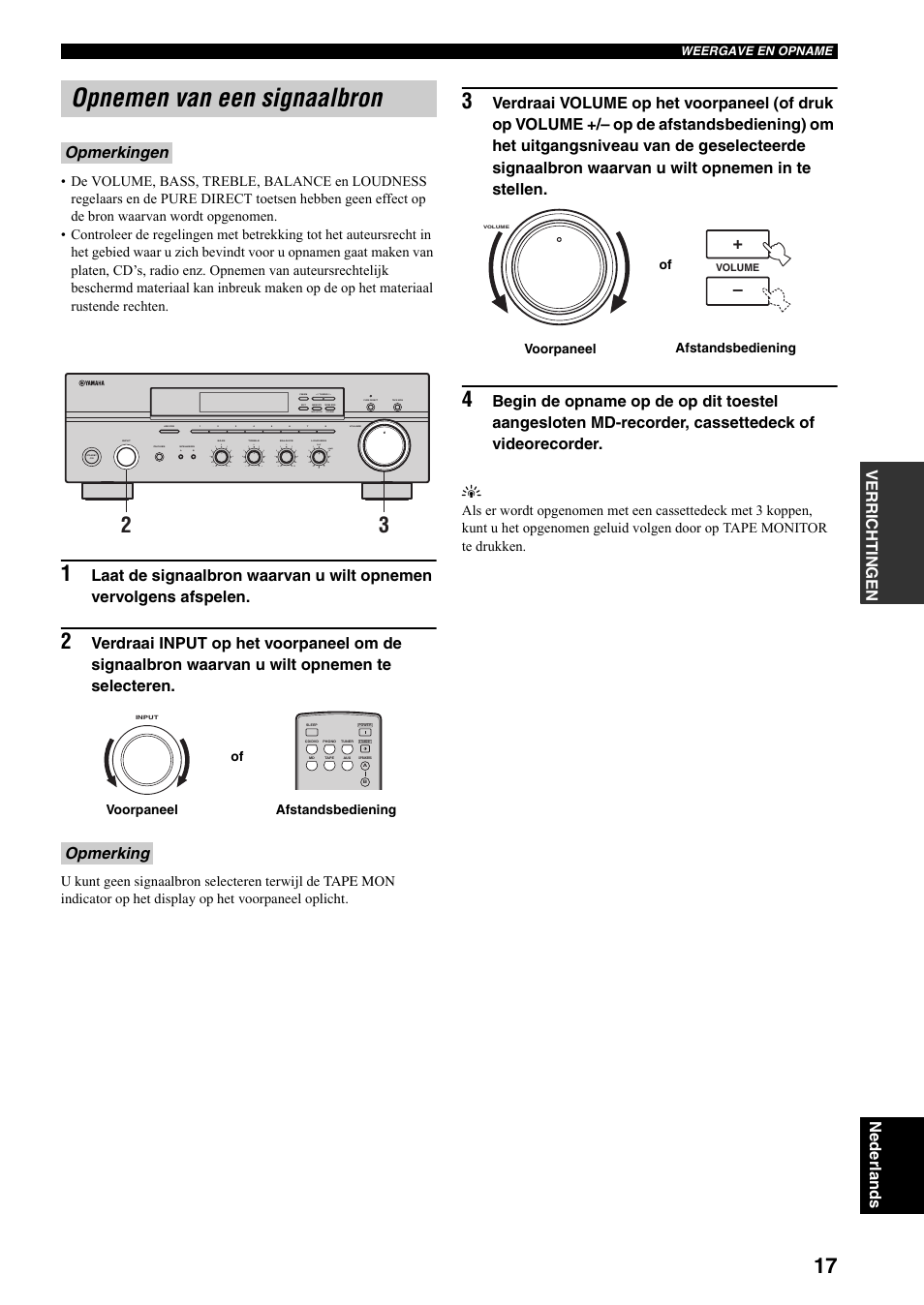 Opnemen van een signaalbron, Bladzijde 17), Verri chti n gen nederlands | Opmerkingen opmerking, Man'l/auto fm, Auto/man'l | Yamaha RX-397 User Manual | Page 155 / 206