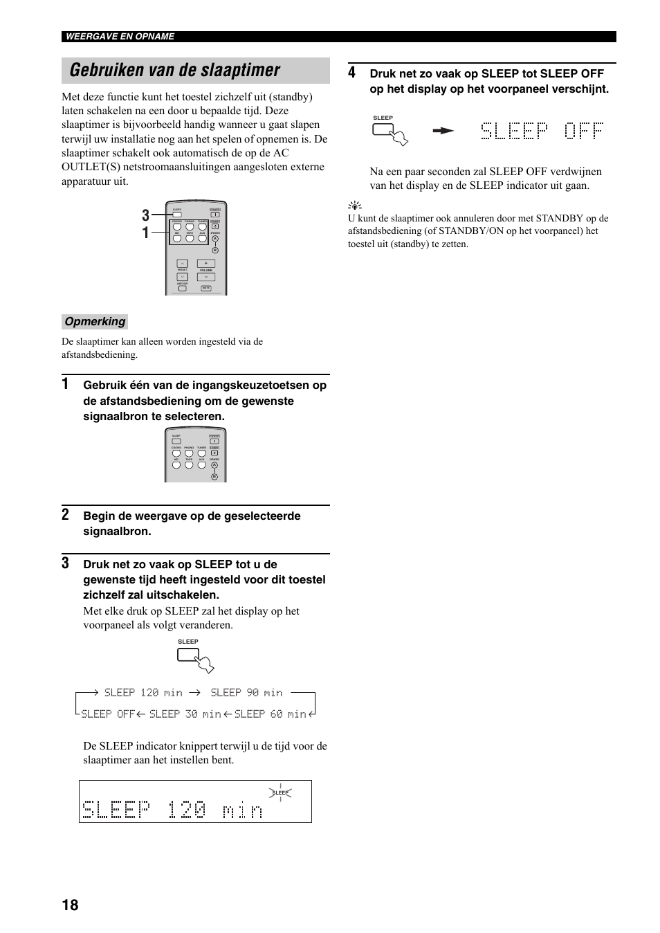 Gebruiken van de slaaptimer, Begin de weergave op de geselecteerde signaalbron, Opmerking | Yamaha RX-397 User Manual | Page 156 / 206