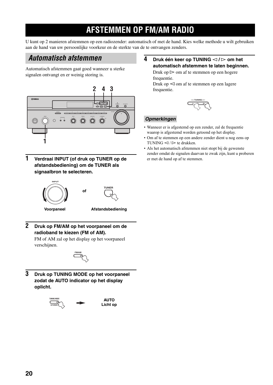 Afstemmen op fm/am radio, Automatisch afstemmen, Bladzijde 20) | E 20), Opmerkingen, Man'l/auto fm, Auto/man'l | Yamaha RX-397 User Manual | Page 158 / 206