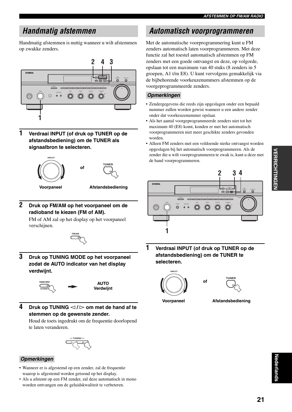 Handmatig afstemmen, Automatisch voorprogrammeren, Handmatig afstemmen automatisch voorprogrammeren | Nctie (zie bladzijde 21), Opmerkingen, Man'l/auto fm, Auto/man'l | Yamaha RX-397 User Manual | Page 159 / 206