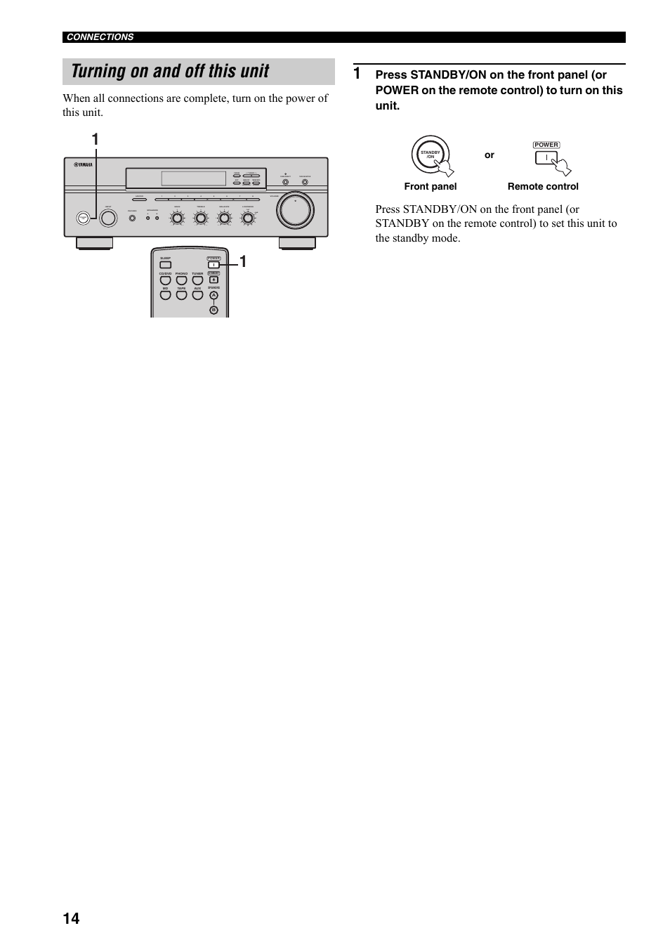 Turning on and off this unit, Man'l/auto fm, Auto/man'l | Front panel remote control or | Yamaha RX-397 User Manual | Page 16 / 206