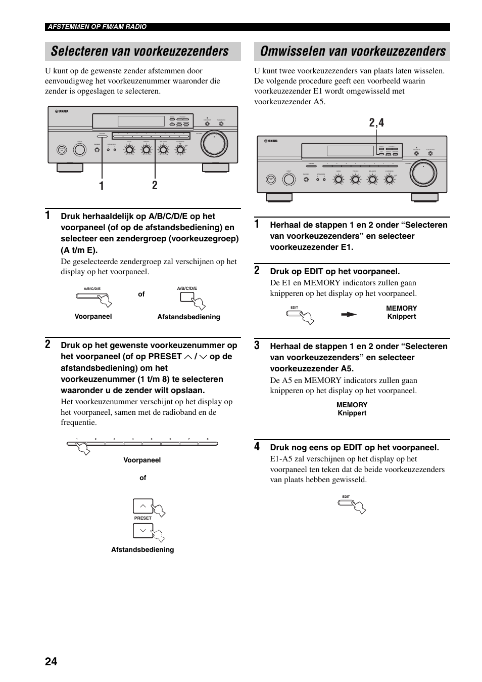 Selecteren van voorkeuzezenders, Omwisselen van voorkeuzezenders, Ijde 24) | Albron (zie bladzijde 24), Man'l/auto fm, Auto/man'l | Yamaha RX-397 User Manual | Page 162 / 206