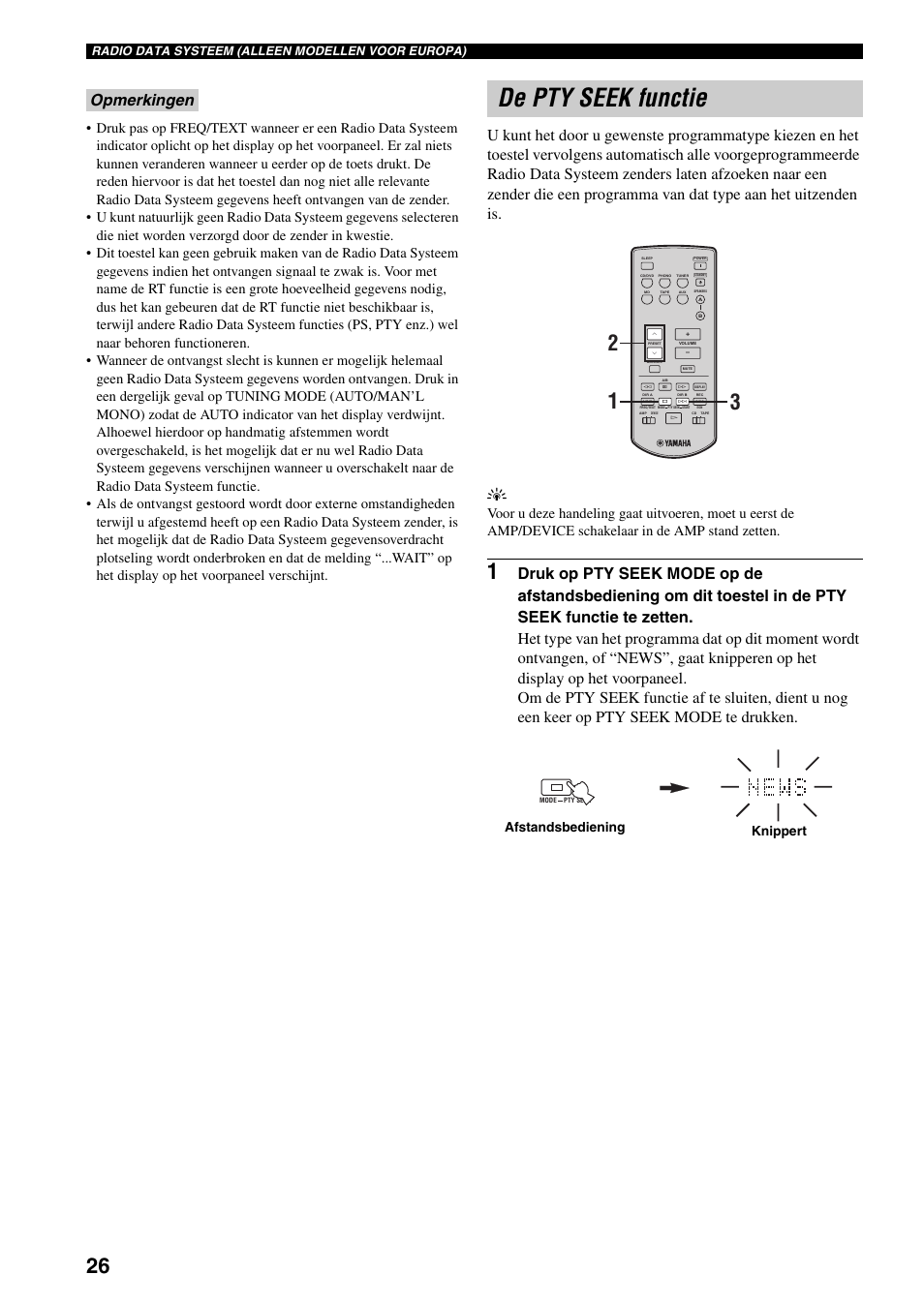 De pty seek functie, Afstandsbediening knippert, Radio data systeem (alleen modellen voor europa) | Yamaha RX-397 User Manual | Page 164 / 206