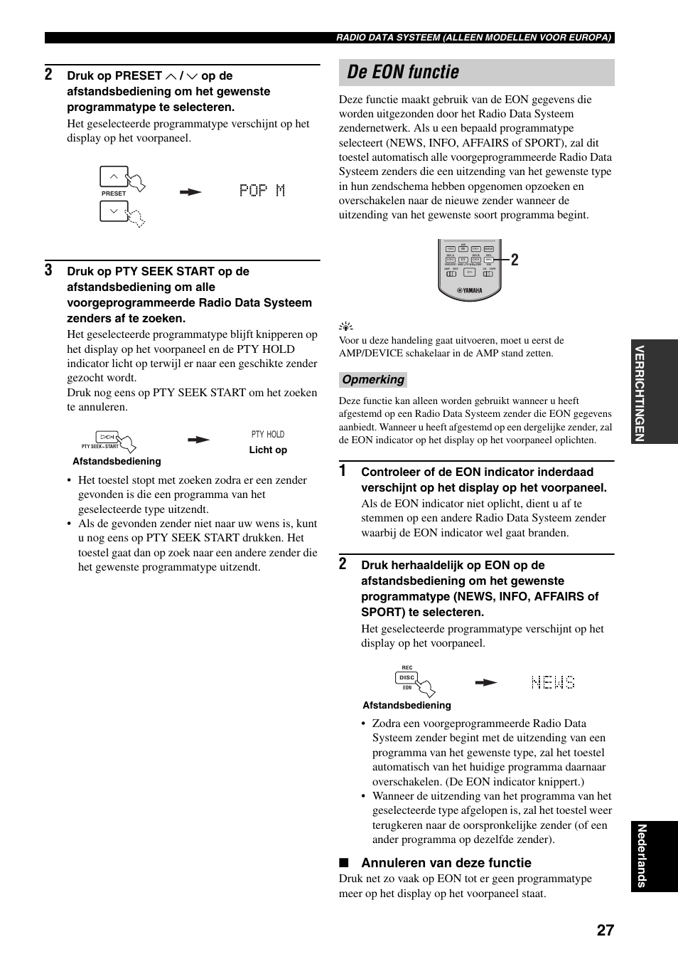 De eon functie, Pop m, Annuleren van deze functie | Verri chti n gen nederlands, Opmerking | Yamaha RX-397 User Manual | Page 165 / 206