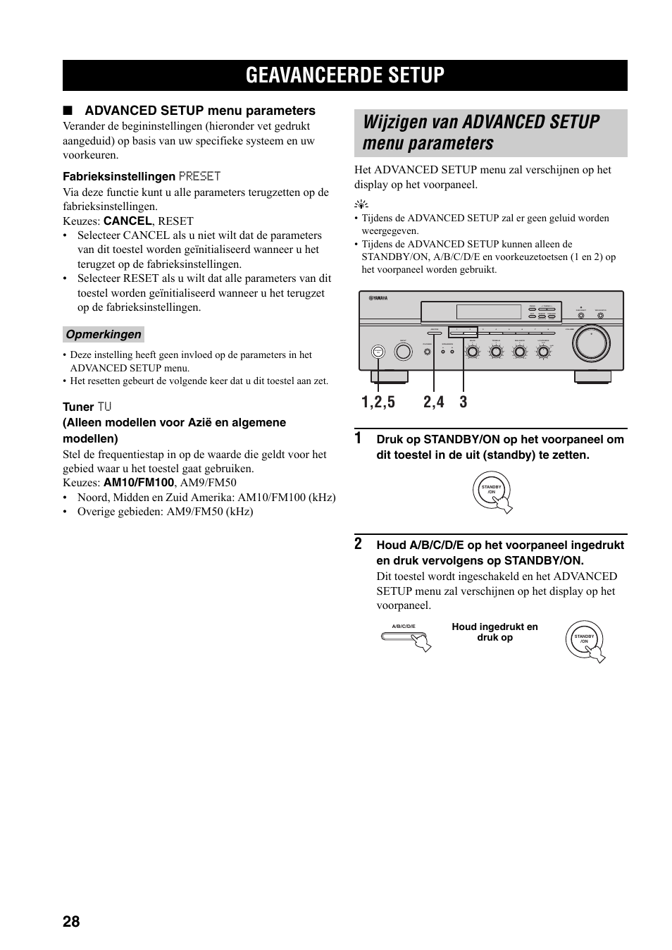 Geavanceerde setup, Wijzigen van advanced setup menu parameters, Wijzigen van advanced setup menu | Parameters, Advanced setup menu parameters, Opmerkingen | Yamaha RX-397 User Manual | Page 166 / 206