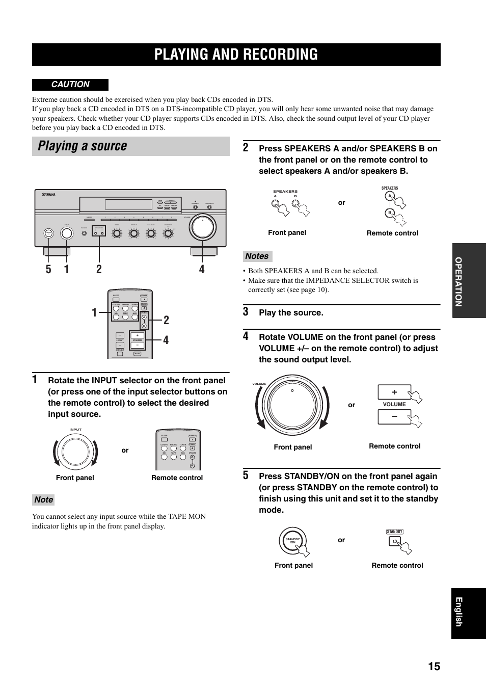 Operation, Playing and recording, Playing a source | Opera t ion english, Play the source, Caution, Man'l/auto fm, Auto/man'l b a, Front panel remote control or, Or front panel remote control | Yamaha RX-397 User Manual | Page 17 / 206