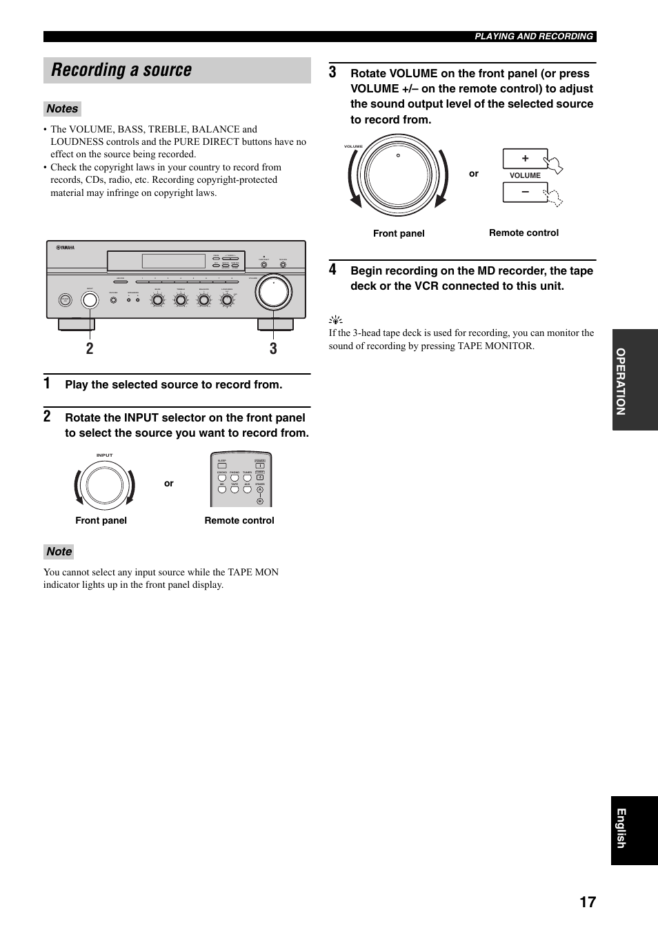 Recording a source, Opera t ion english, Play the selected source to record from | Man'l/auto fm, Auto/man'l, Front panel remote control or, Remote control front panel or | Yamaha RX-397 User Manual | Page 19 / 206