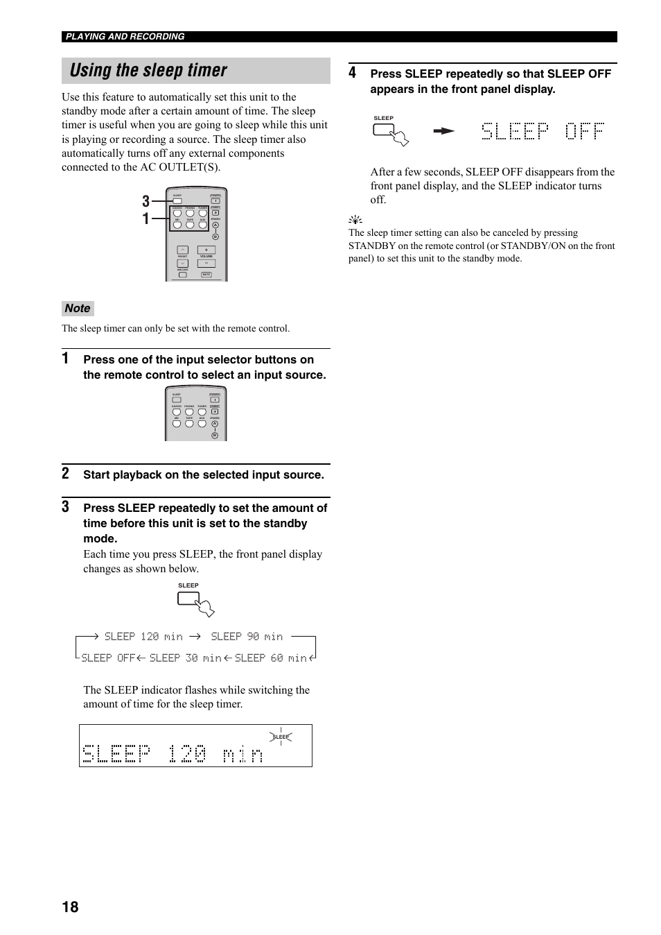 Using the sleep timer, Start playback on the selected input source | Yamaha RX-397 User Manual | Page 20 / 206