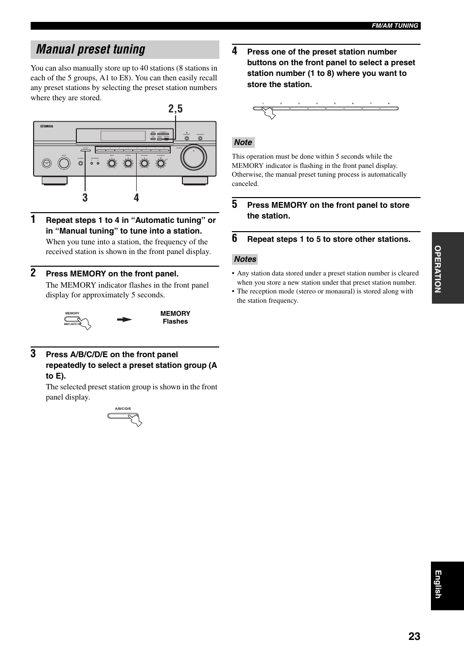 Manual preset tuning, Repeat steps 1 to 5 to store other stations, Man'l/auto fm | Auto/man'l | Yamaha RX-397 User Manual | Page 25 / 206