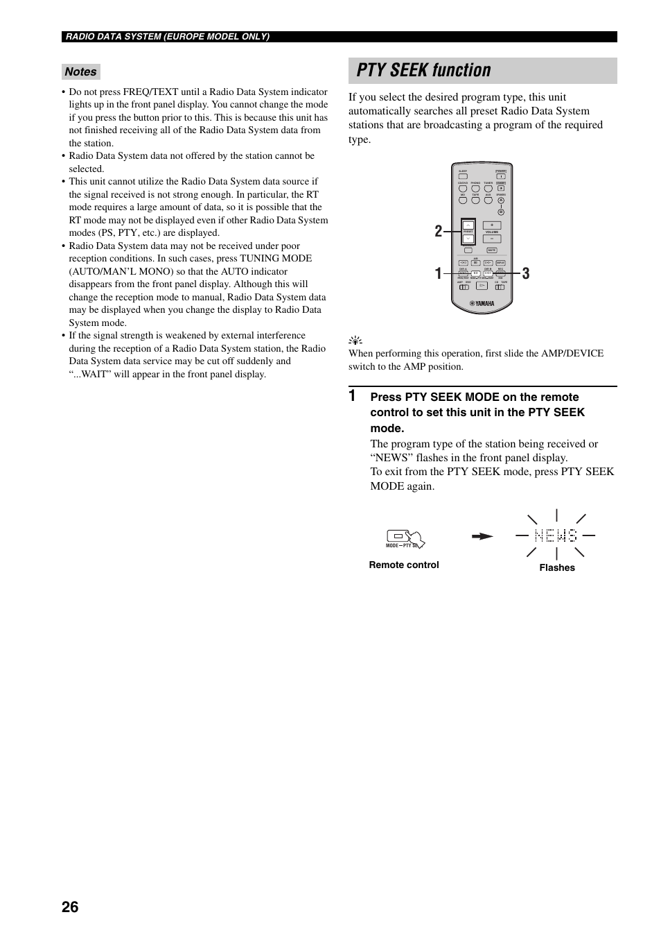 Pty seek function, Remote control flashes, Radio data system (europe model only) | Yamaha RX-397 User Manual | Page 28 / 206