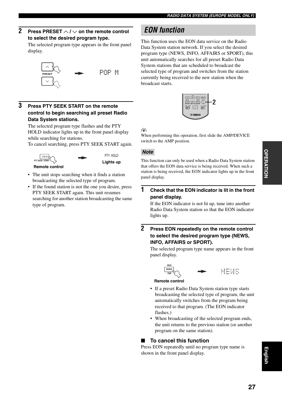 Eon function, Pop m, Opera t ion english | Yamaha RX-397 User Manual | Page 29 / 206