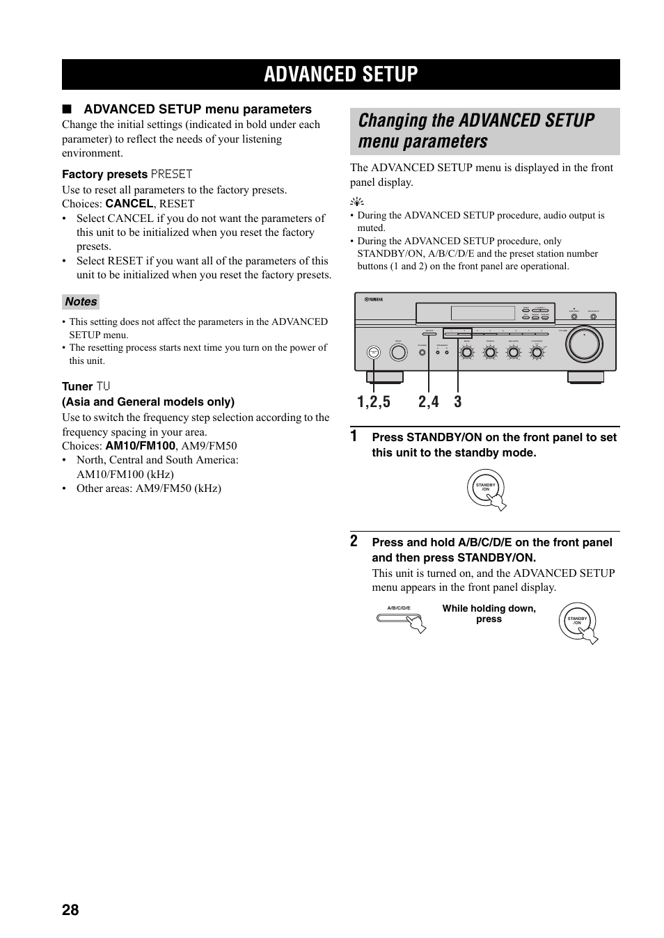 Advanced setup, Changing the advanced setup menu parameters, Changing the advanced setup menu | Parameters, Advanced setup menu parameters | Yamaha RX-397 User Manual | Page 30 / 206
