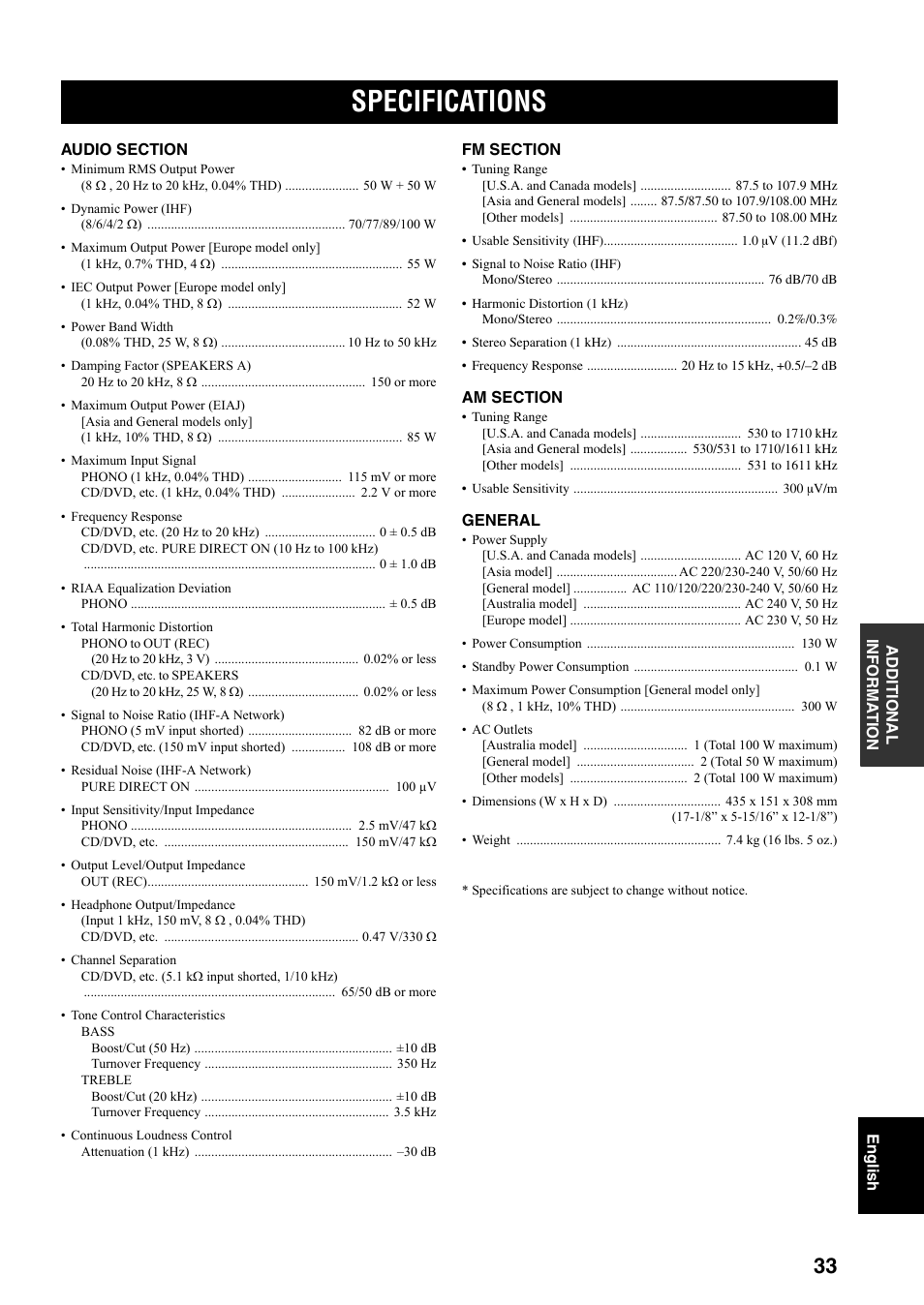 Specifications | Yamaha RX-397 User Manual | Page 35 / 206