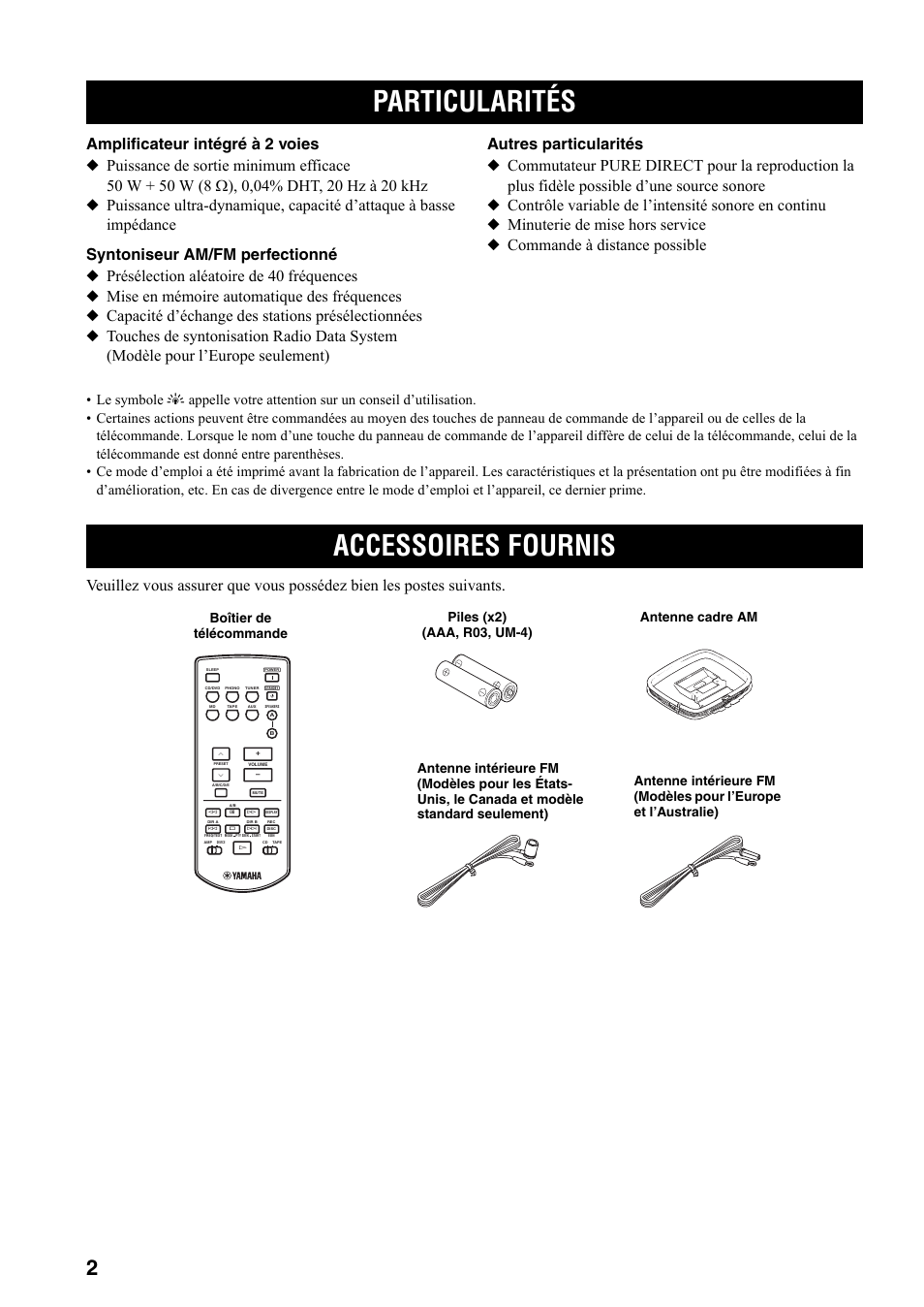 Introduction, Particularités, Accessoires fournis | Particularités accessoires fournis | Yamaha RX-397 User Manual | Page 38 / 206