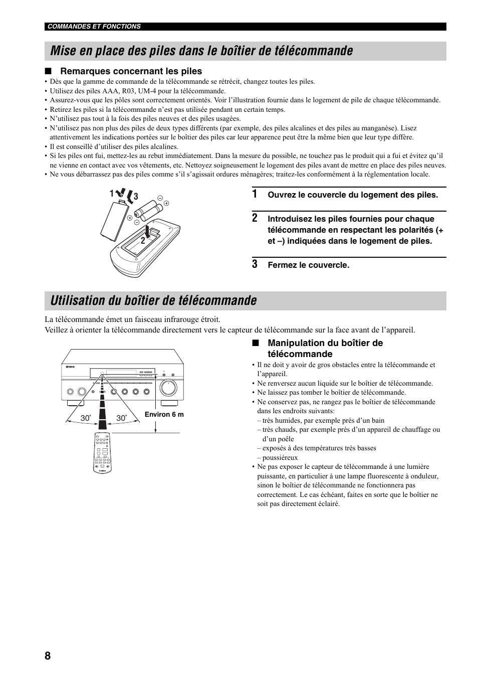Utilisation du boîtier de télécommande, Mise en place des piles dans le boîtier de, Télécommande | Yamaha RX-397 User Manual | Page 44 / 206
