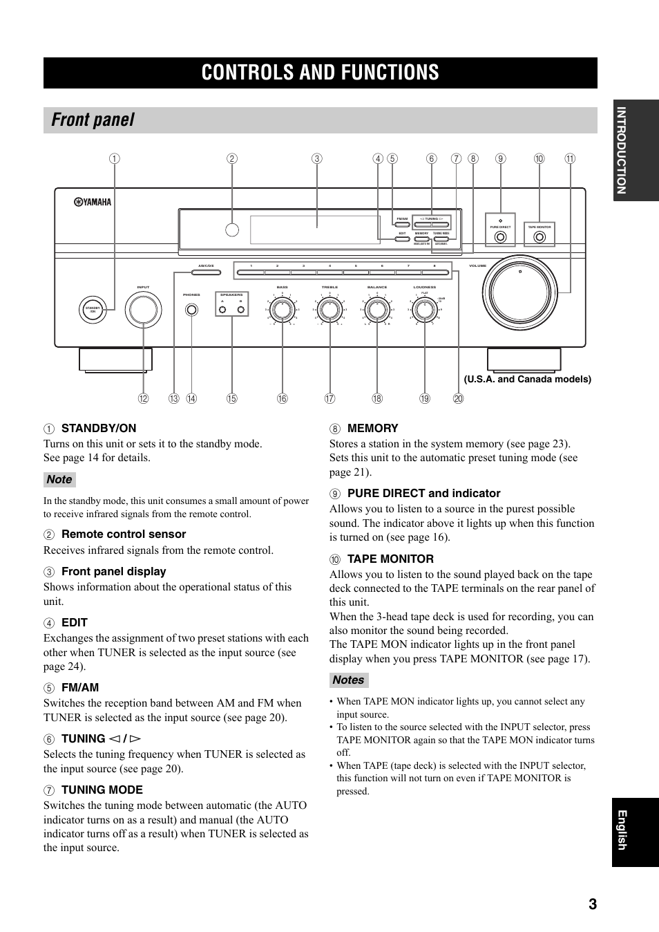 Controls and functions, Front panel, U.s.a. and canada models) | Yamaha RX-397 User Manual | Page 5 / 206