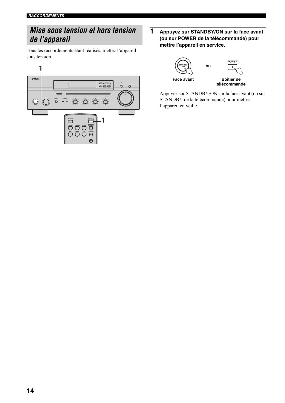 Mise sous tension et hors tension de l’appareil, 14 pour plus, Man'l/auto fm | Auto/man'l, Face avant boîtier de télécommande ou | Yamaha RX-397 User Manual | Page 50 / 206