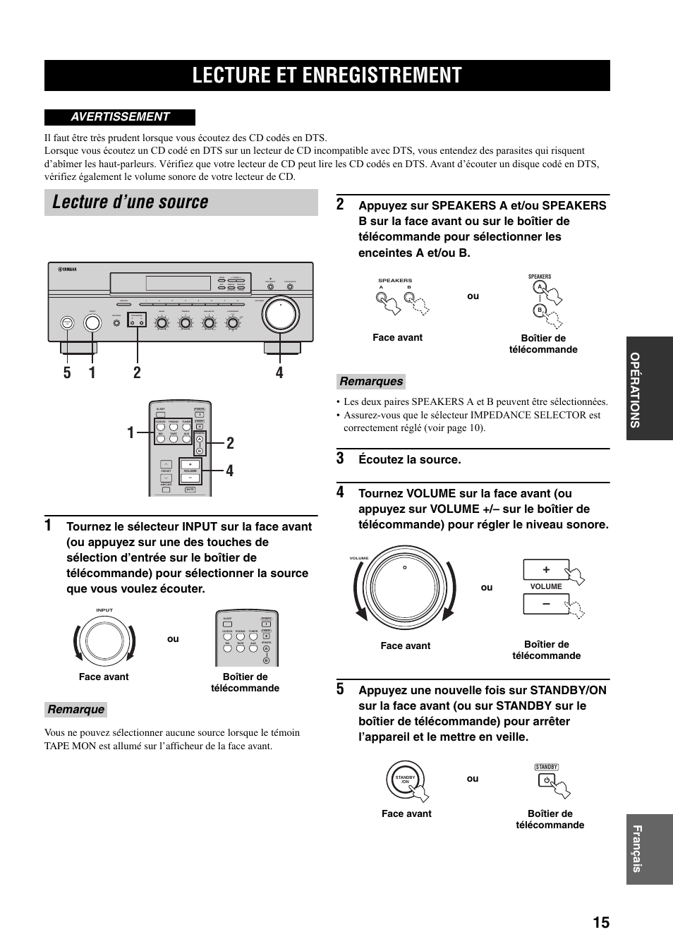 Opérations, Lecture et enregistrement, Lecture d’une source | Opéra t ions fr anç a is, Écoutez la source, Avertissement, Remarque, Remarques, Man'l/auto fm, Auto/man'l b a | Yamaha RX-397 User Manual | Page 51 / 206
