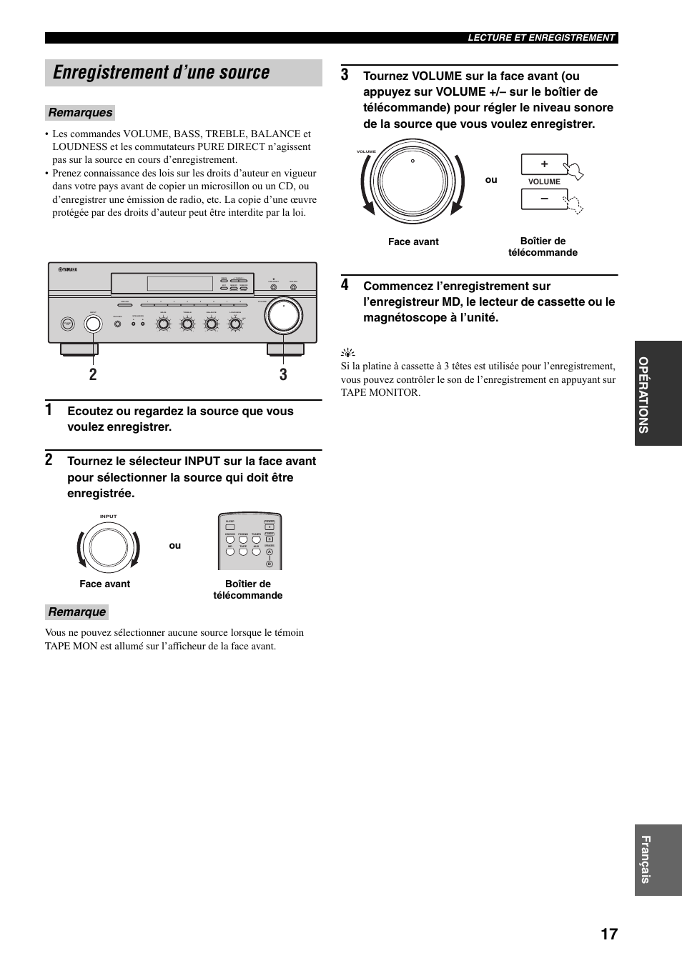 Enregistrement d’une source, Opéra t ions fr anç a is, Remarques remarque | Man'l/auto fm, Auto/man'l | Yamaha RX-397 User Manual | Page 53 / 206