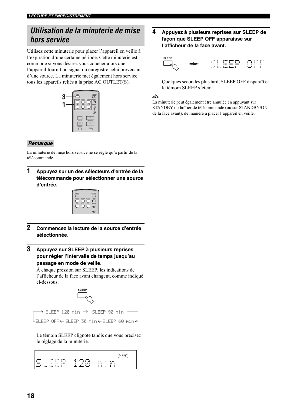 Utilisation de la minuterie de mise hors service, Remarque | Yamaha RX-397 User Manual | Page 54 / 206