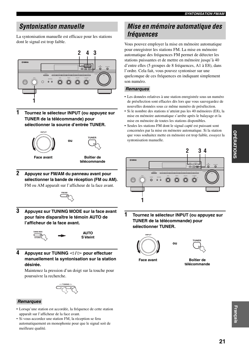Syntonisation manuelle, Mise en mémoire automatique des fréquences, Remarques | Man'l/auto fm, Auto/man'l | Yamaha RX-397 User Manual | Page 57 / 206