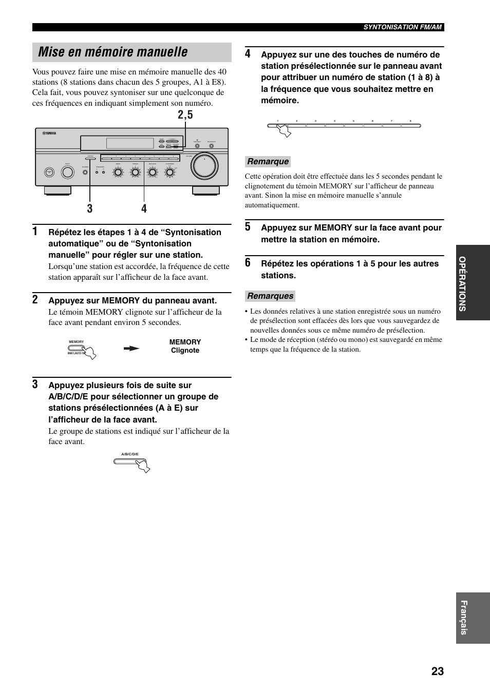 Mise en mémoire manuelle, Ge 23), Remarque remarques | Man'l/auto fm, Auto/man'l | Yamaha RX-397 User Manual | Page 59 / 206