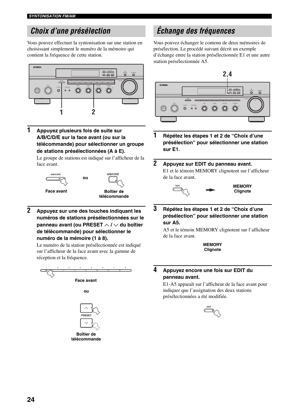 Choix d’une présélection, Échange des fréquences, Choix d’une présélection échange des fréquences | Ge 24), Man'l/auto fm, Auto/man'l | Yamaha RX-397 User Manual | Page 60 / 206