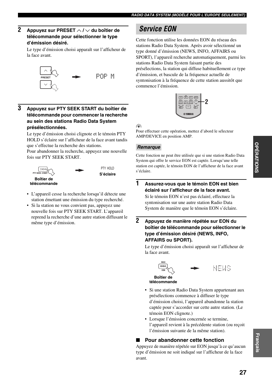 Service eon, Pop m, Pour abandonner cette fonction | Opéra t ions fr anç a is, Remarque | Yamaha RX-397 User Manual | Page 63 / 206