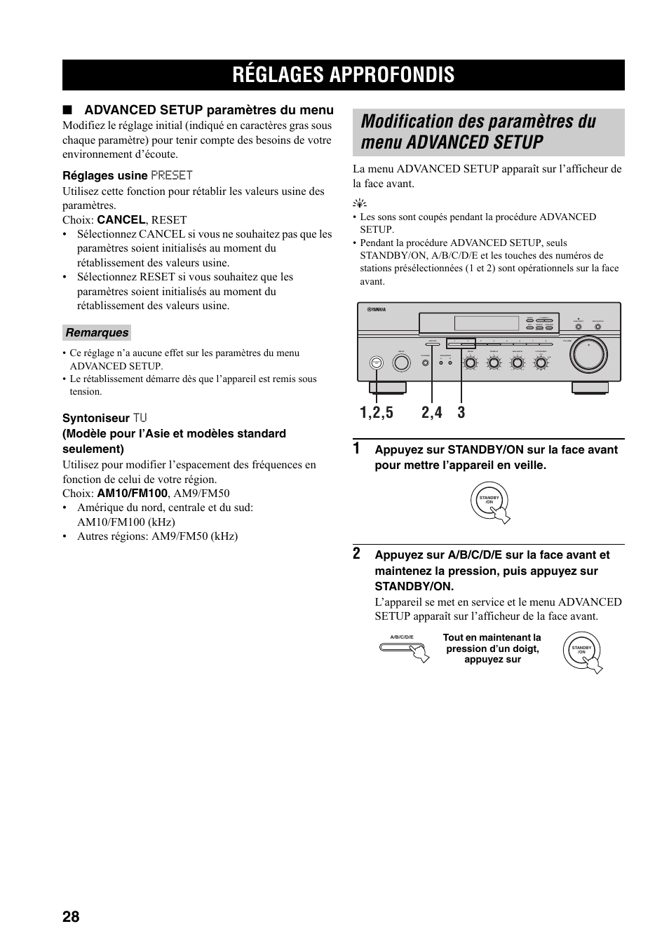 Réglages approfondis, Modification des paramètres du menu advanced setup, Modification des paramètres du menu | Advanced setup, Advanced setup paramètres du menu, Remarques | Yamaha RX-397 User Manual | Page 64 / 206
