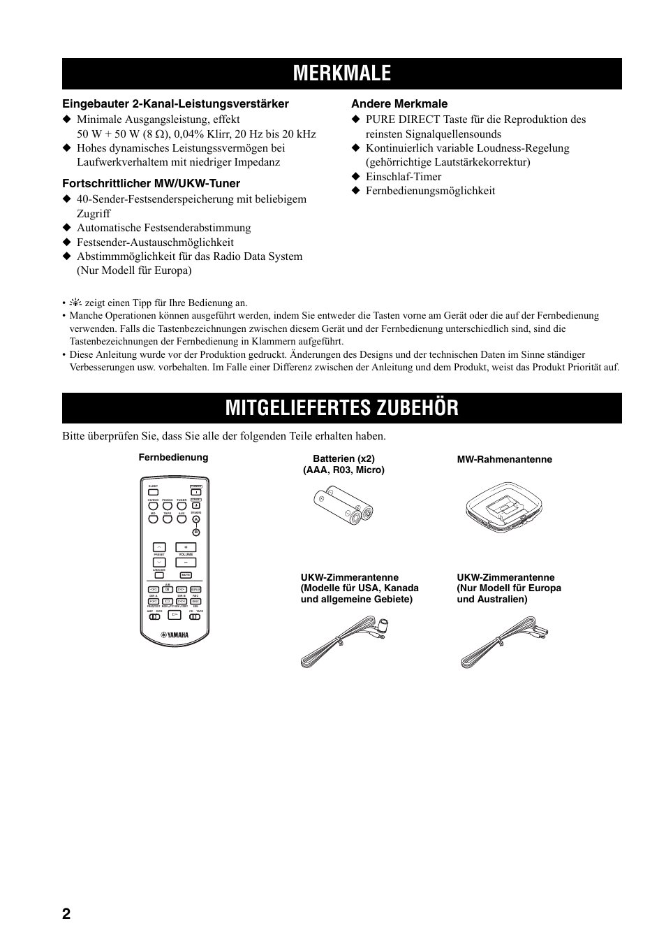 Einleitung, Merkmale, Mitgeliefertes zubehör | Merkmale mitgeliefertes zubehör | Yamaha RX-397 User Manual | Page 72 / 206