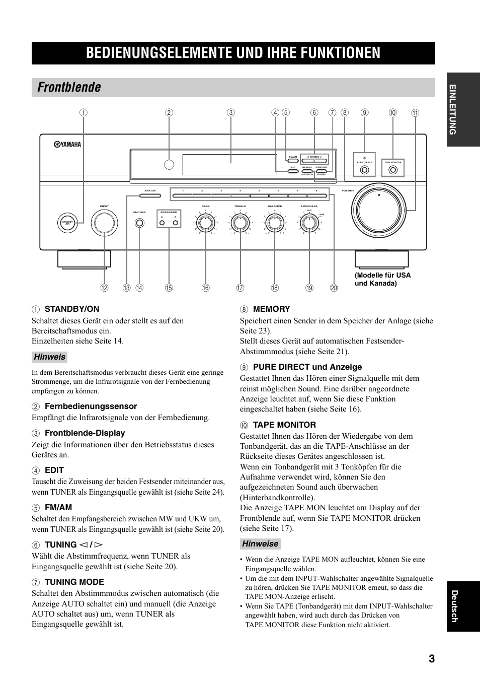 Bedienungselemente und ihre funktionen, Frontblende, Bedienungselemente und ihre | Funktionen, Hinweis hinweise, Modelle für usa und kanada) | Yamaha RX-397 User Manual | Page 73 / 206