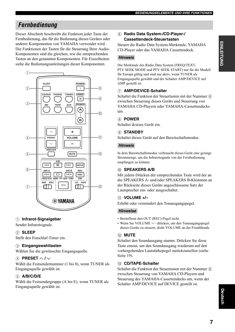Fernbedienung | Yamaha RX-397 User Manual | Page 77 / 206