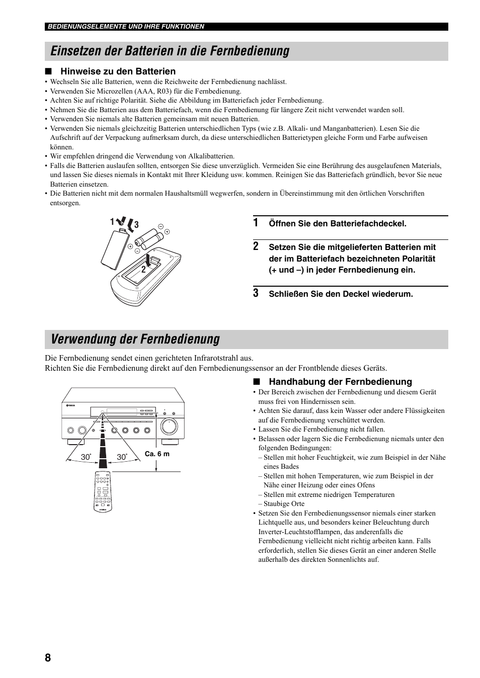 Einsetzen der batterien in die fernbedienung, Verwendung der fernbedienung | Yamaha RX-397 User Manual | Page 78 / 206