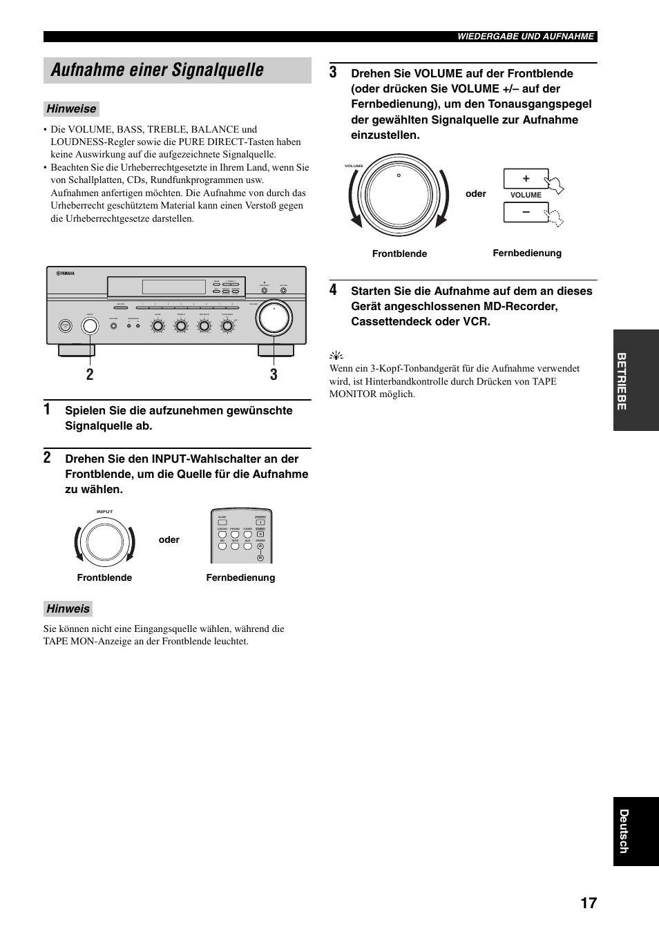 Aufnahme einer signalquelle, Siehe seite 17), De utsc h betriebe | Hinweise hinweis, Man'l/auto fm, Auto/man'l, Frontblende fernbedienung oder, Fernbedienung frontblende oder | Yamaha RX-397 User Manual | Page 87 / 206