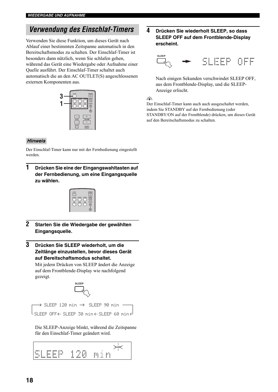 Verwendung des einschlaf-timers, Hinweis | Yamaha RX-397 User Manual | Page 88 / 206