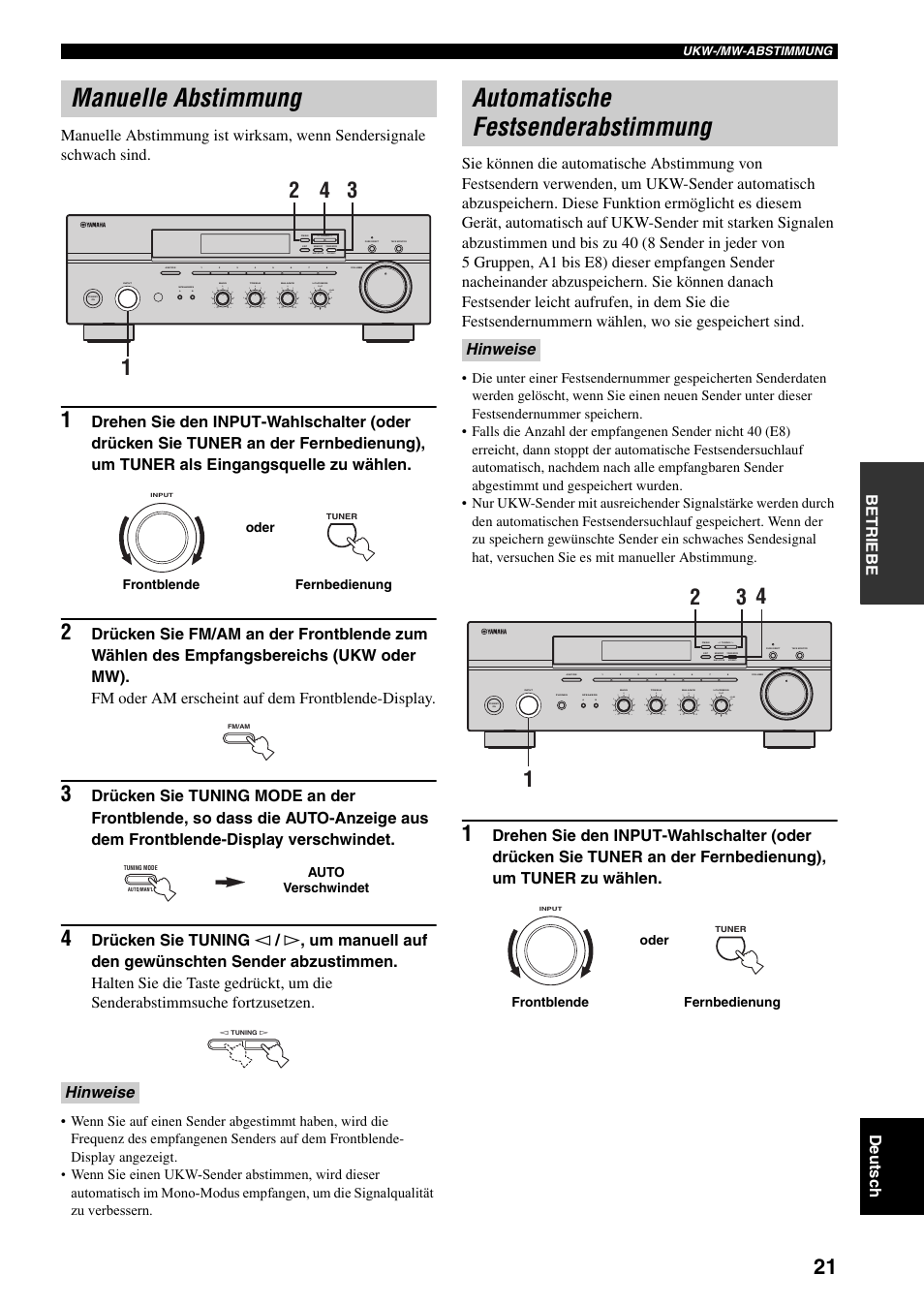 Manuelle abstimmung, Automatische festsenderabstimmung, Hinweise | Man'l/auto fm, Auto/man'l | Yamaha RX-397 User Manual | Page 91 / 206