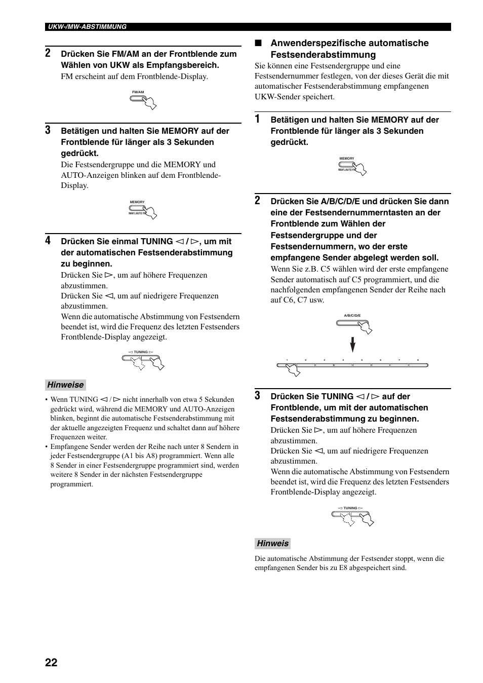 T (siehe seite 22), Hinweise, Hinweis | Yamaha RX-397 User Manual | Page 92 / 206