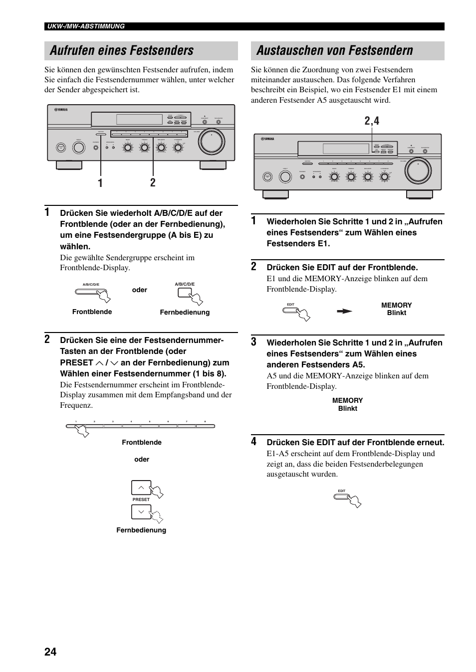 Aufrufen eines festsenders, Austauschen von festsendern, E 24) | Man'l/auto fm, Auto/man'l | Yamaha RX-397 User Manual | Page 94 / 206