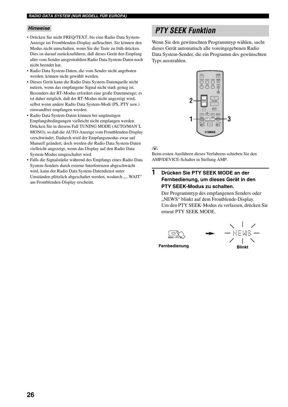 Pty seek funktion, Fernbedienung blinkt, Radio data system (nur modell für europa) | Yamaha RX-397 User Manual | Page 96 / 206