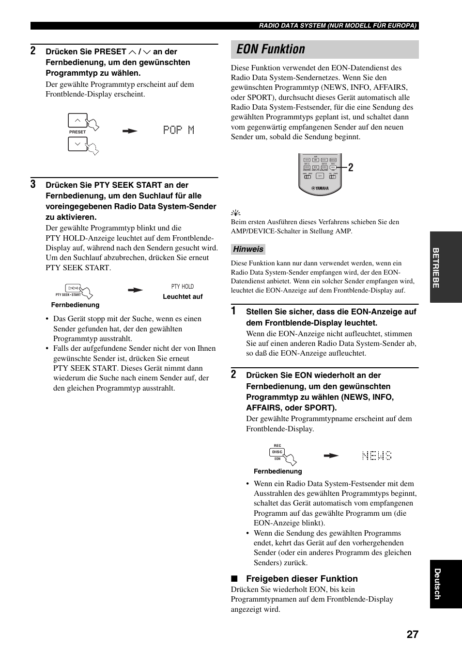 Eon funktion, Pop m, Freigeben dieser funktion | De utsc h betriebe, Hinweis | Yamaha RX-397 User Manual | Page 97 / 206