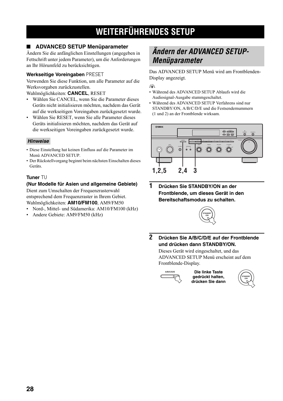 Weiterführendes setup, Ändern der advanced setup- menüparameter, Ändern der advanced setup | Menüparameter, Advanced setup menüparameter, Hinweise | Yamaha RX-397 User Manual | Page 98 / 206