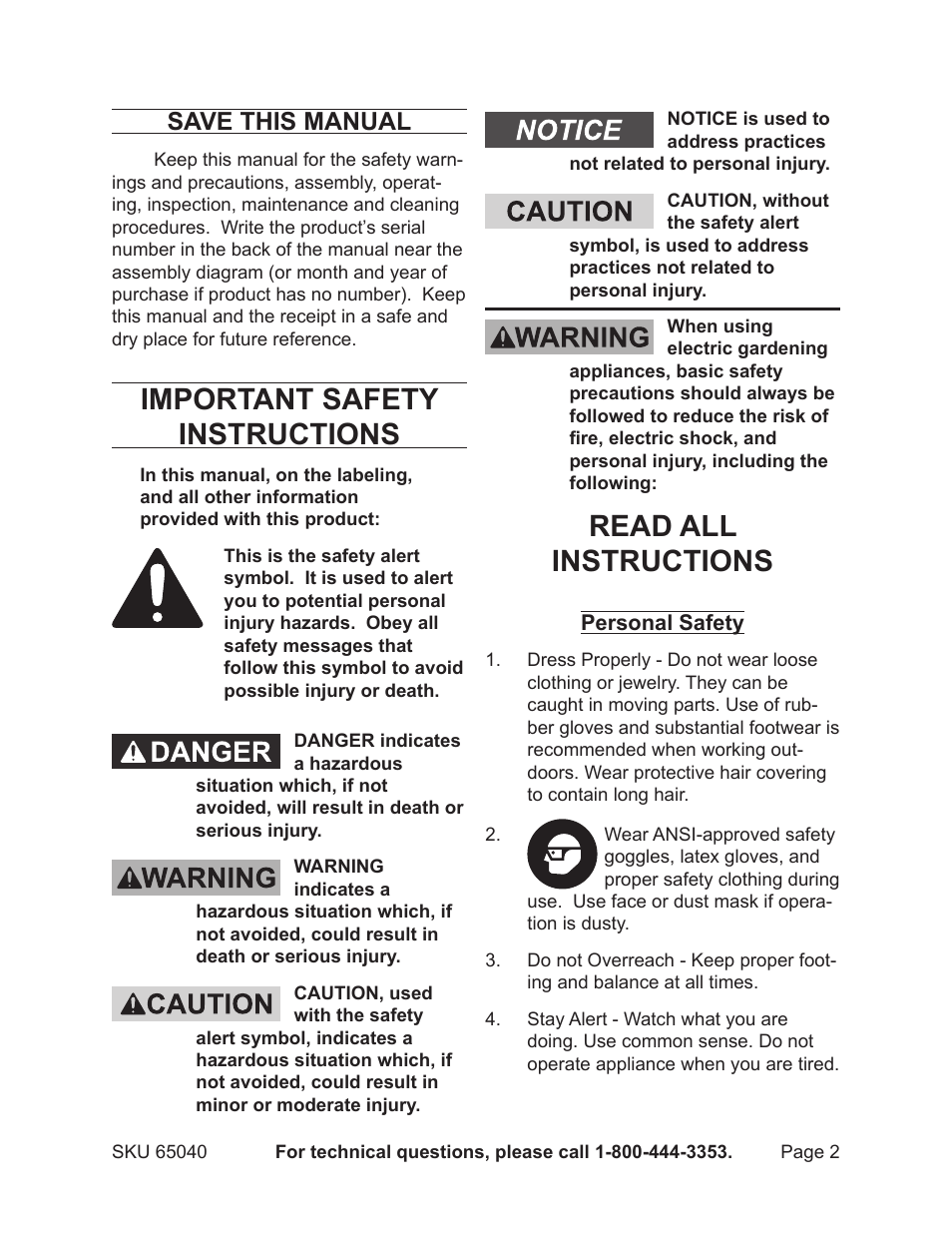 Important safety instructions, Read all instructions, Save this manual | Harbor Freight Tools 65040 User Manual | Page 2 / 8